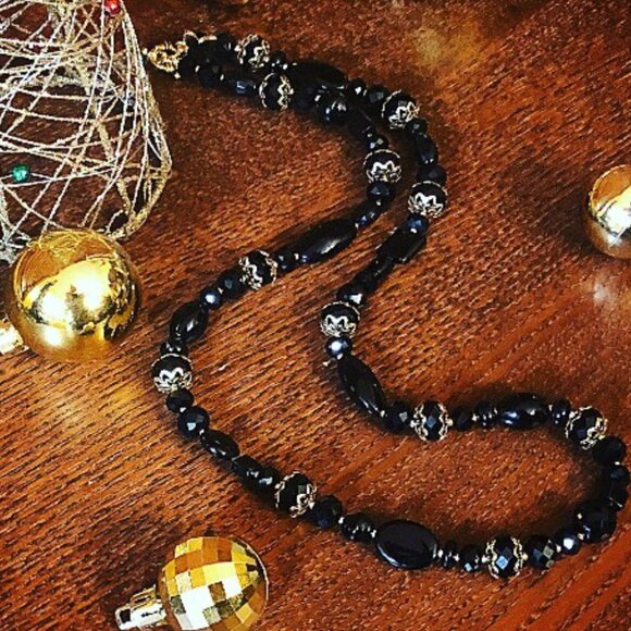 Handmade Crystal & Glass Necklace - Single Strand, Black & Gold - Picture 2 of 3